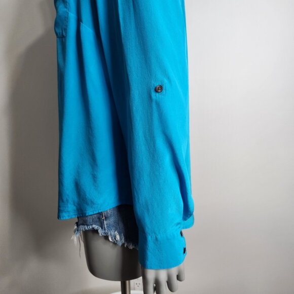 Ann Taylor Blue Silk Long Sleeve Button Down Roll Tab Blouse Size M - Picture 9 of 13